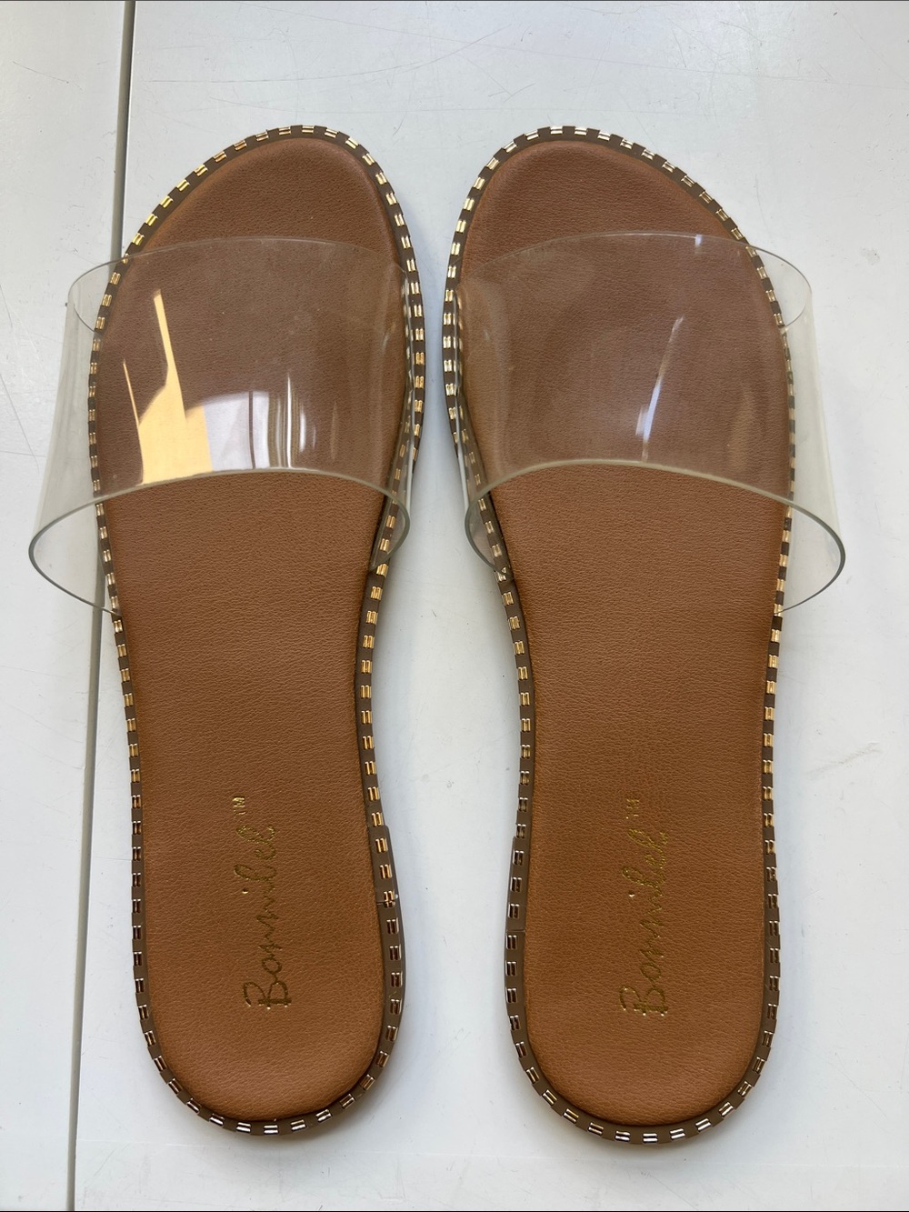 Bonnibel Brown Slide Sandals with Clear Strap